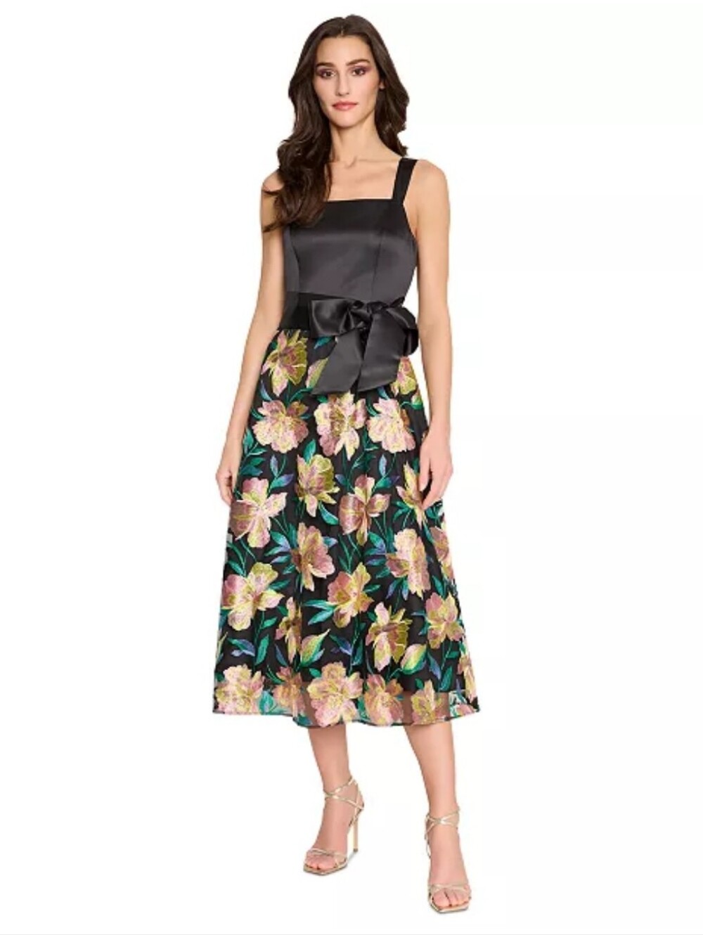 Tahari ASL Size 12 Black Floral Embroidered Fit & Flare Midi Dress $269
